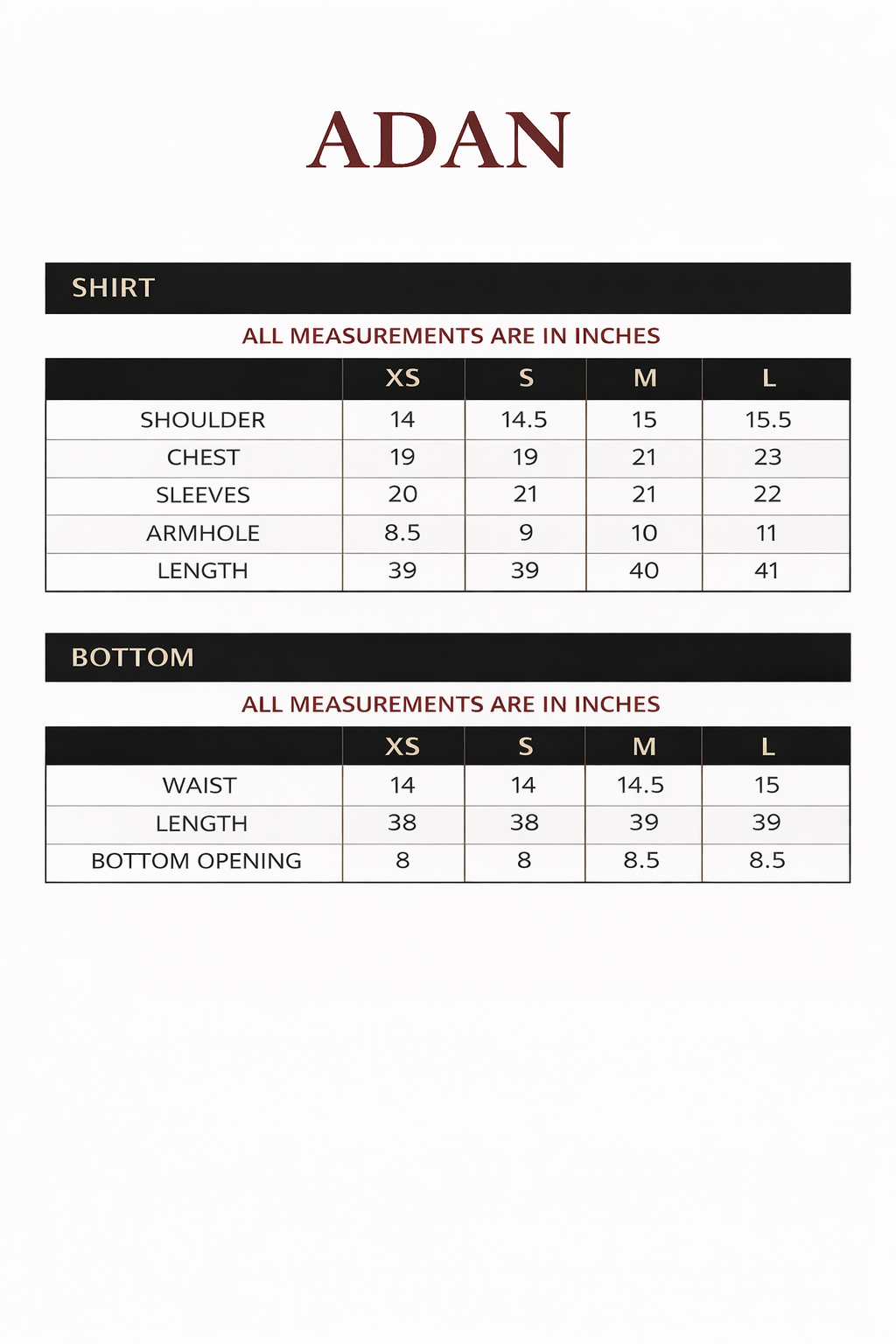 Size chart for Adan – Embroidered Raw Silk 3 Piece Suit