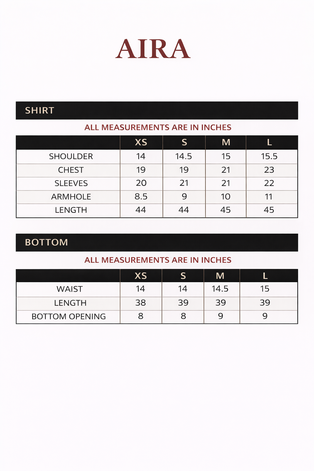 Size chart for Aira – Embroidered Russian Raw Silk 3Pc Suit
