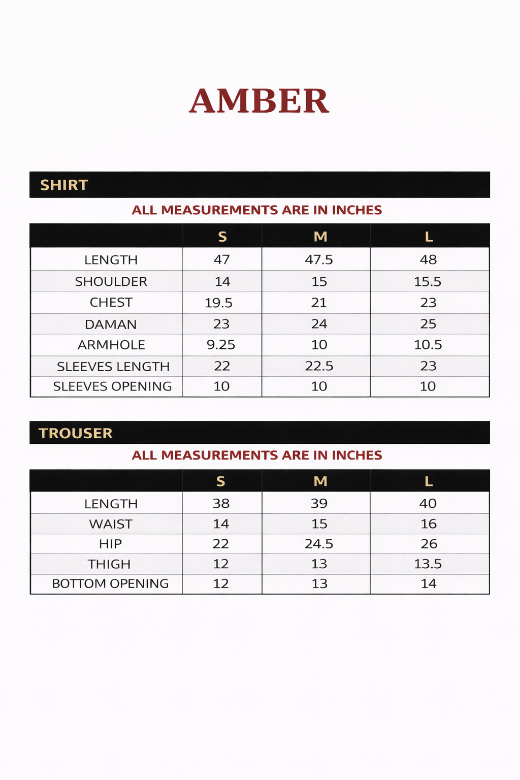 Size chart for Amber – Embroidered Shisha Silk Set with Dupatta