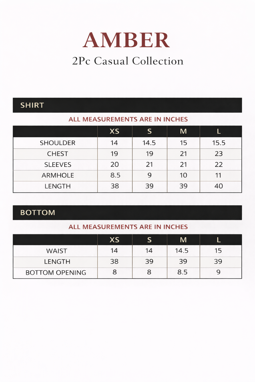 Size chart for Amber – Printed Dobby Co-Ord Set