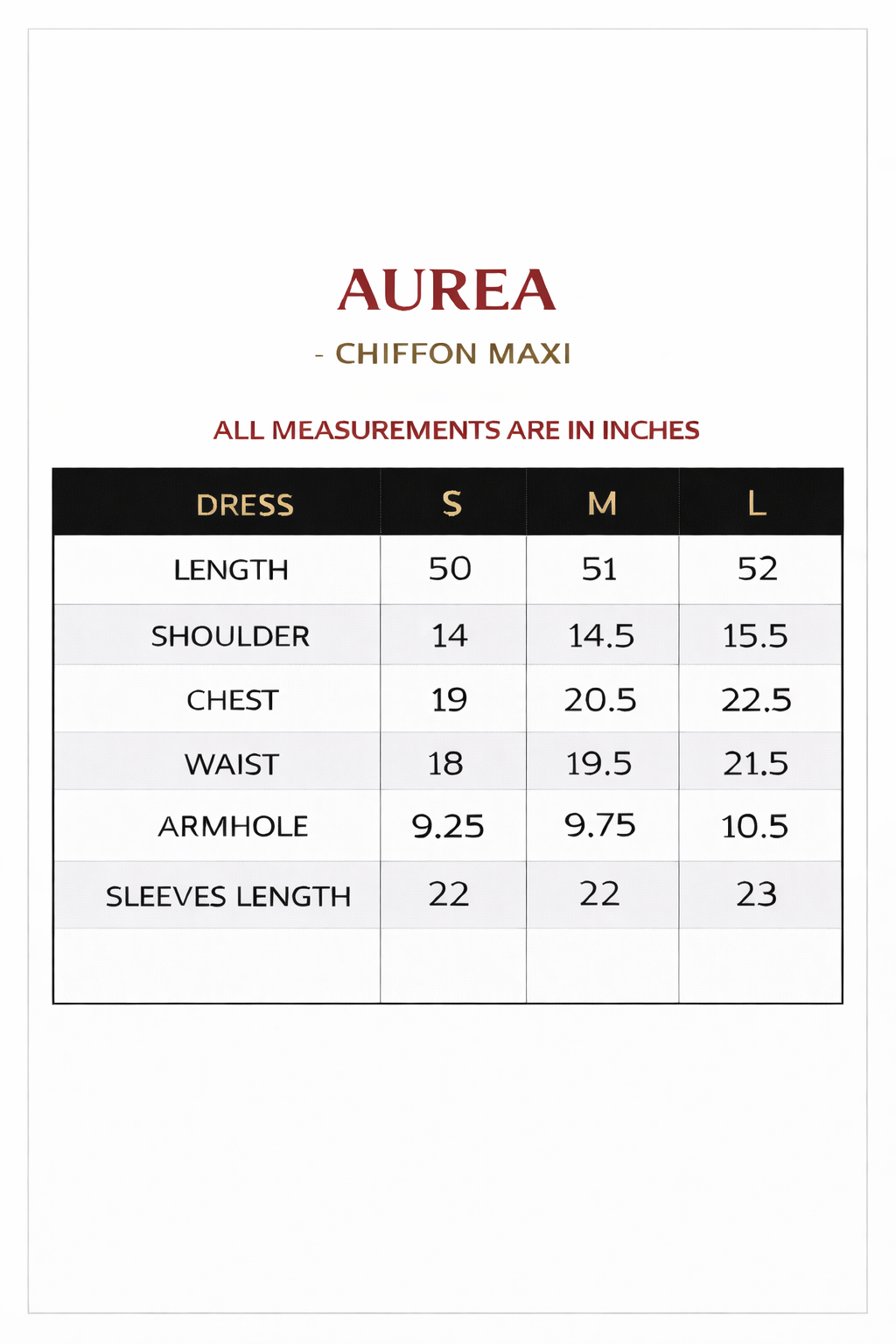 Size chart for AUREA Maxi – Printed Terracotta Dress with Belt