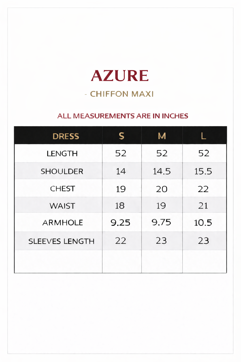 Size chart for Azure Maxi – Printed Bamber & Charmeuse Dress