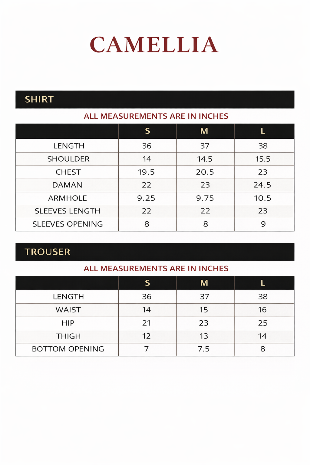 Size chart for CAMELLIA – Printed Charmeuse Silk Co-Ord Set