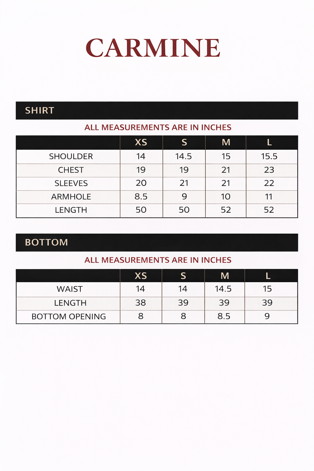 Size chart for Carmine – Embroidered Russian Raw Silk 3 Piece Suit