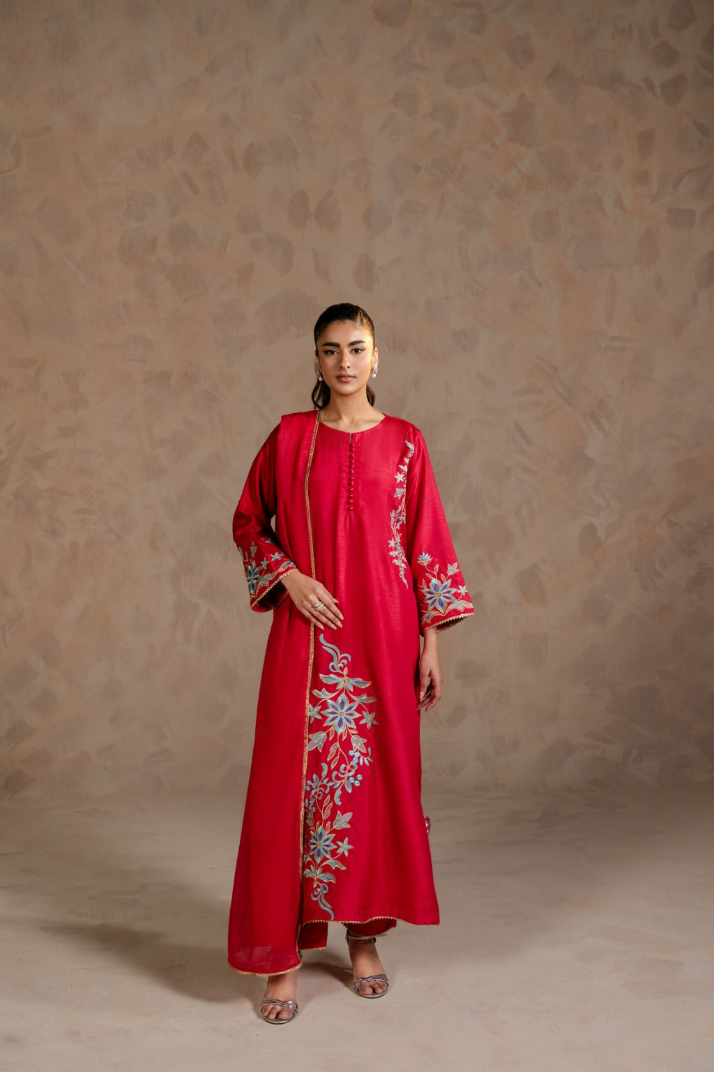 Carmine embroidered Russian raw silk 3Pc pret suit by Zehnaz