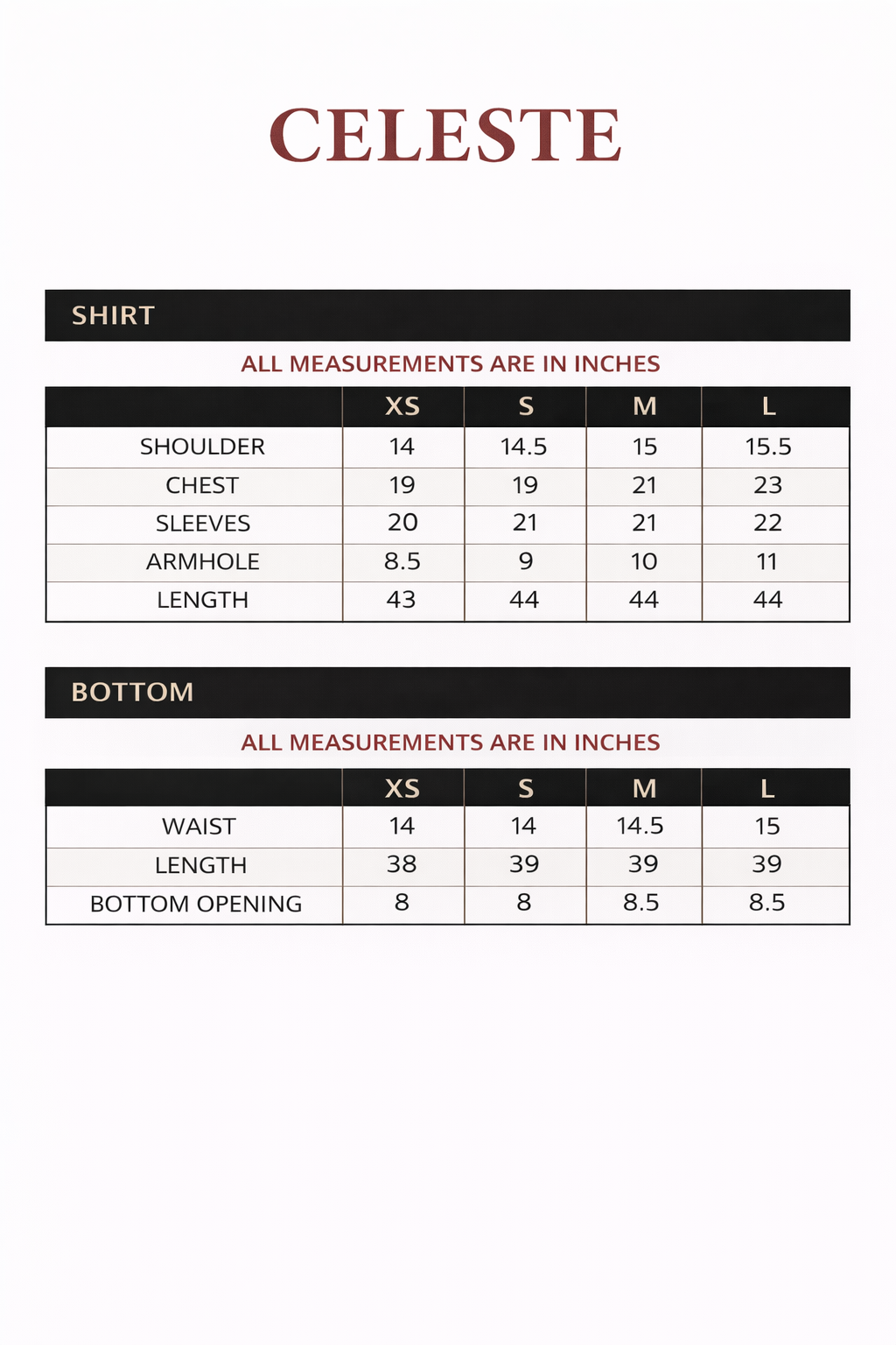 Size chart for Celeste – Embroidered Raw Silk 3 Piece Suit