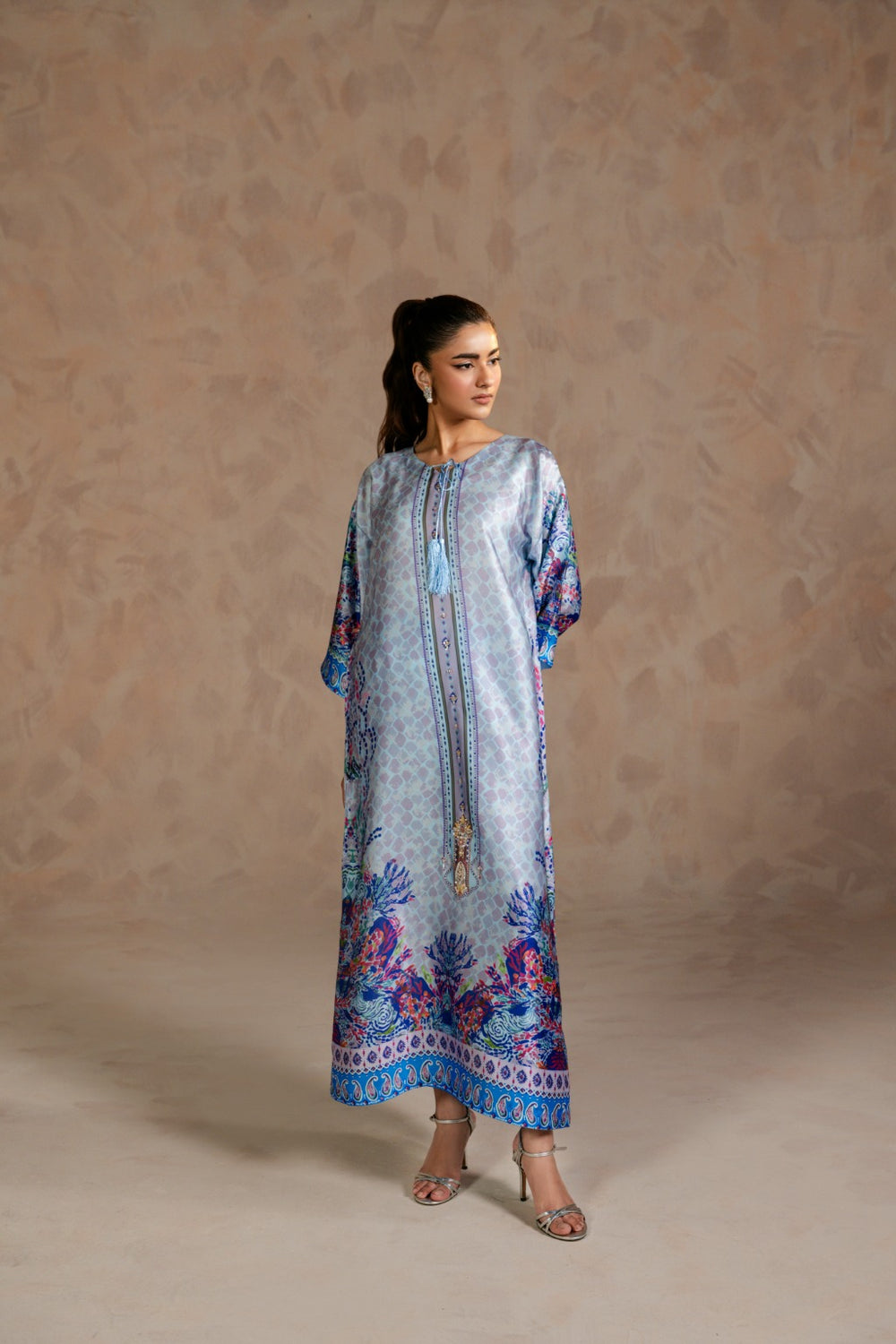 Elegant Charmeuse kaftan outfit with Zardozi work for women by Zehnaz