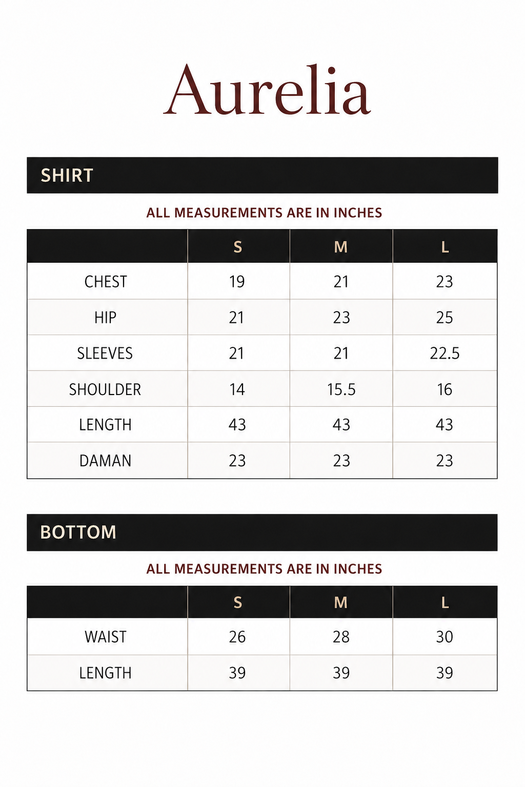 Size chart for Aurelia - Golden Embroidered Raw Silk 3 Piece