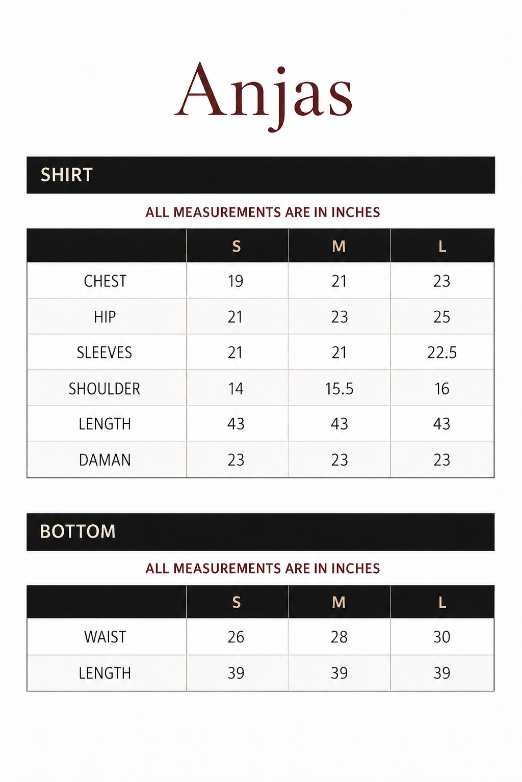 Size chart for Anjas - Purple Brown Embroidered Raw Silk 3 Piece