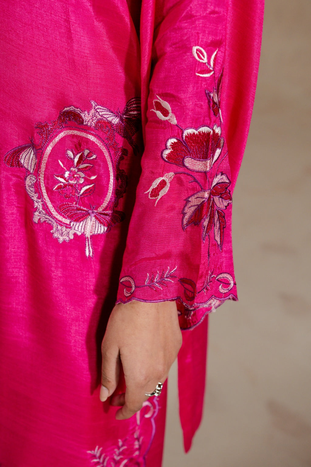 Intricate embroidery on raw silk short shirt & shalwar set for women by Zehnaz