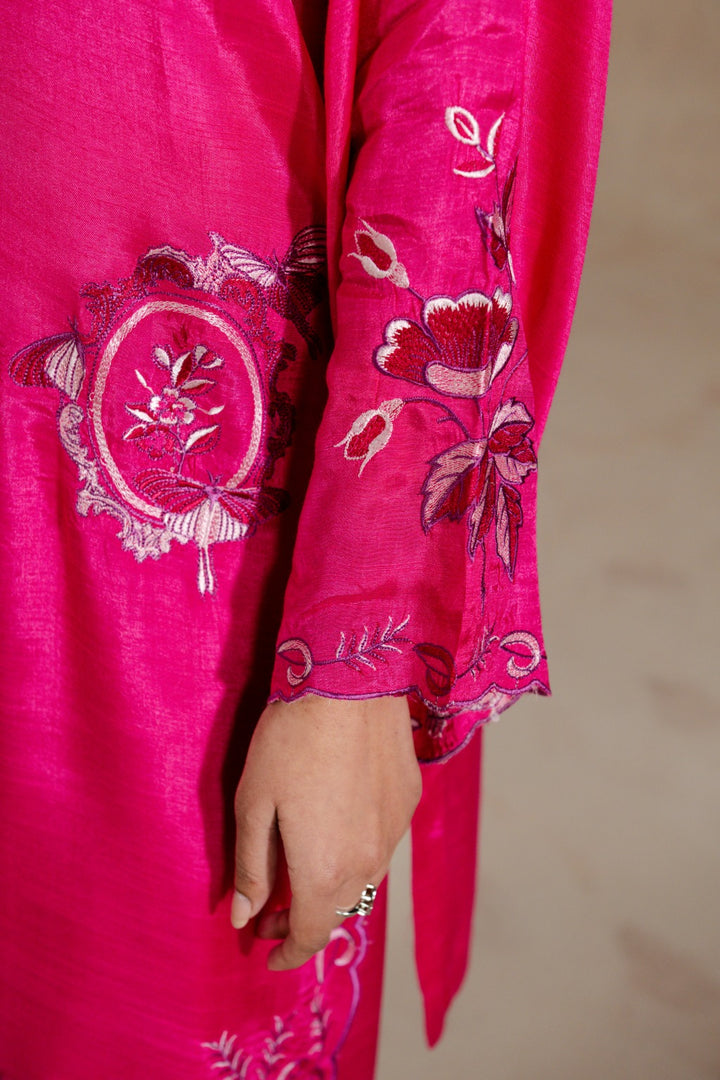 Intricate embroidery on raw silk short shirt & shalwar set for women by Zehnaz