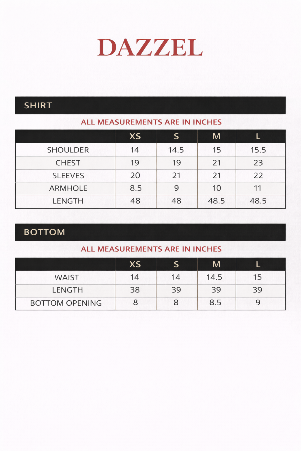 Size chart for Dazzel – Printed Swiss Silk Set with Dupatta