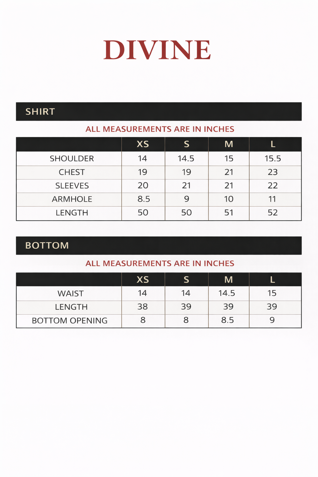 Size chart for Divine – Embroidered Raw Silk 3Pc Suit