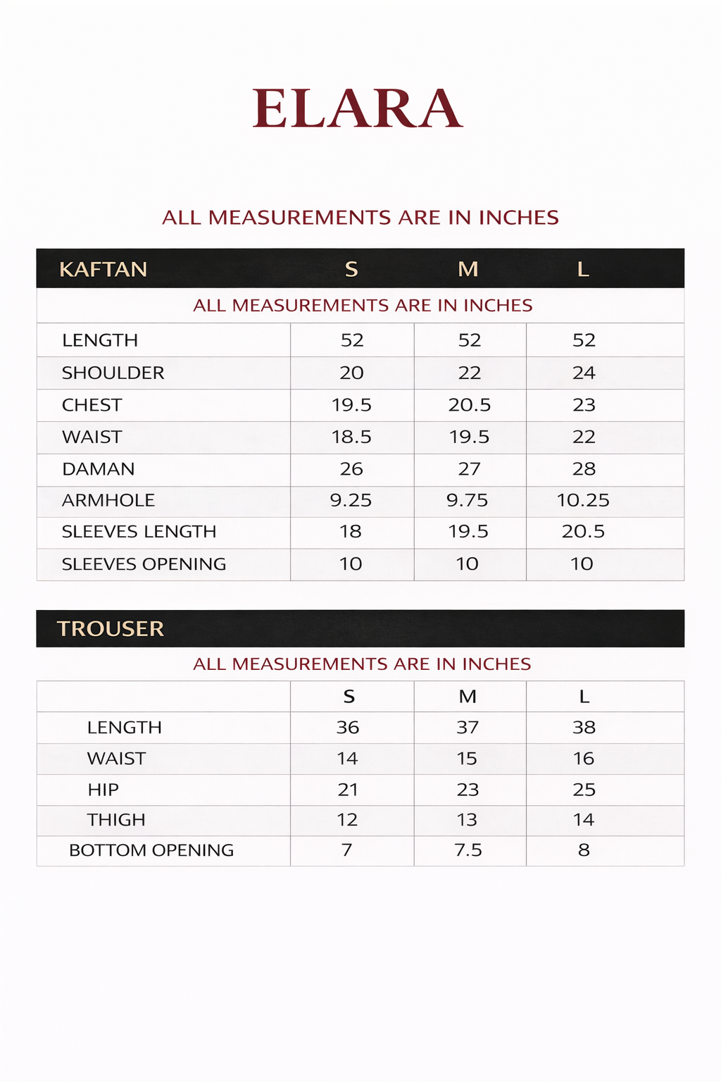 Size chart for Elara – Handworked Russian Silk Kaftan Set