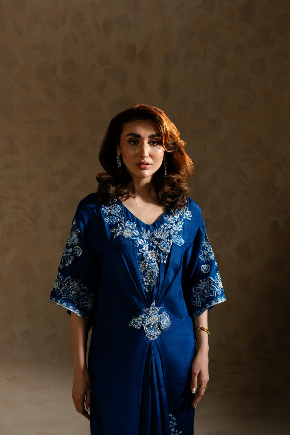 Elegant handworked Russian silk kaftan outfit for women by Zehnaz