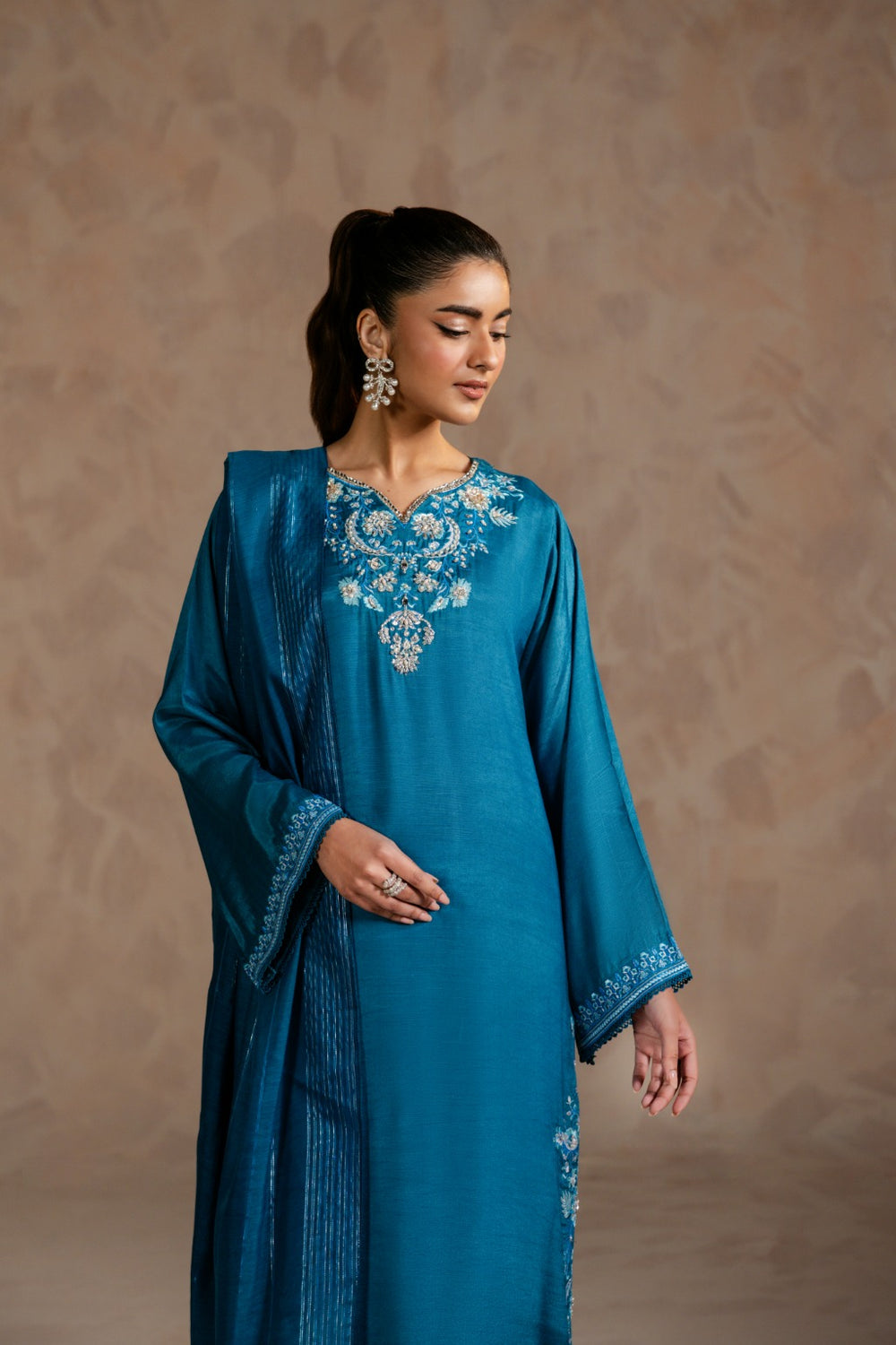 Elegant embroidered raw silk pret outfit for women by Zehnaz