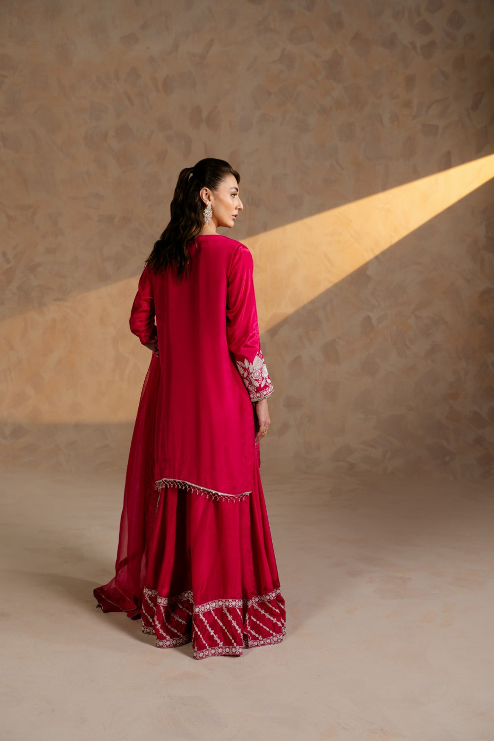 Elegant embroidered Russian silk sharara outfit for women by Zehnaz