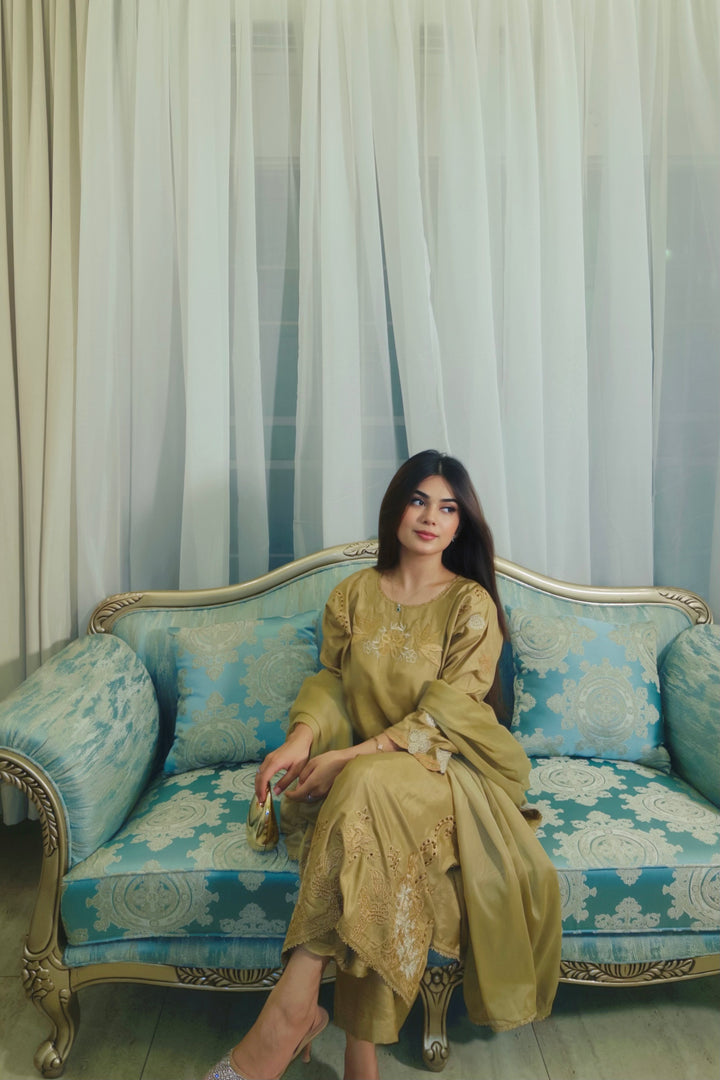 Aurelia - Golden Embroidered Raw Silk 3 Piece