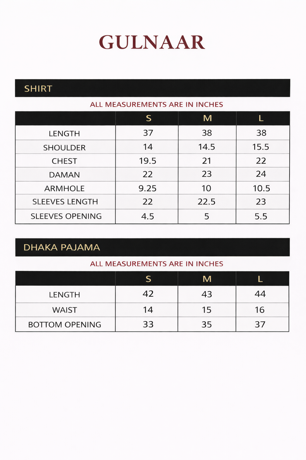Size chart for GULNAAR – Embroidered Russian Silk Sharara Set