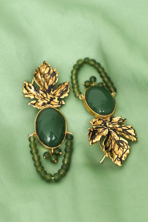 Gold Plated Green Leaf Drop Earrings with Bead Accents