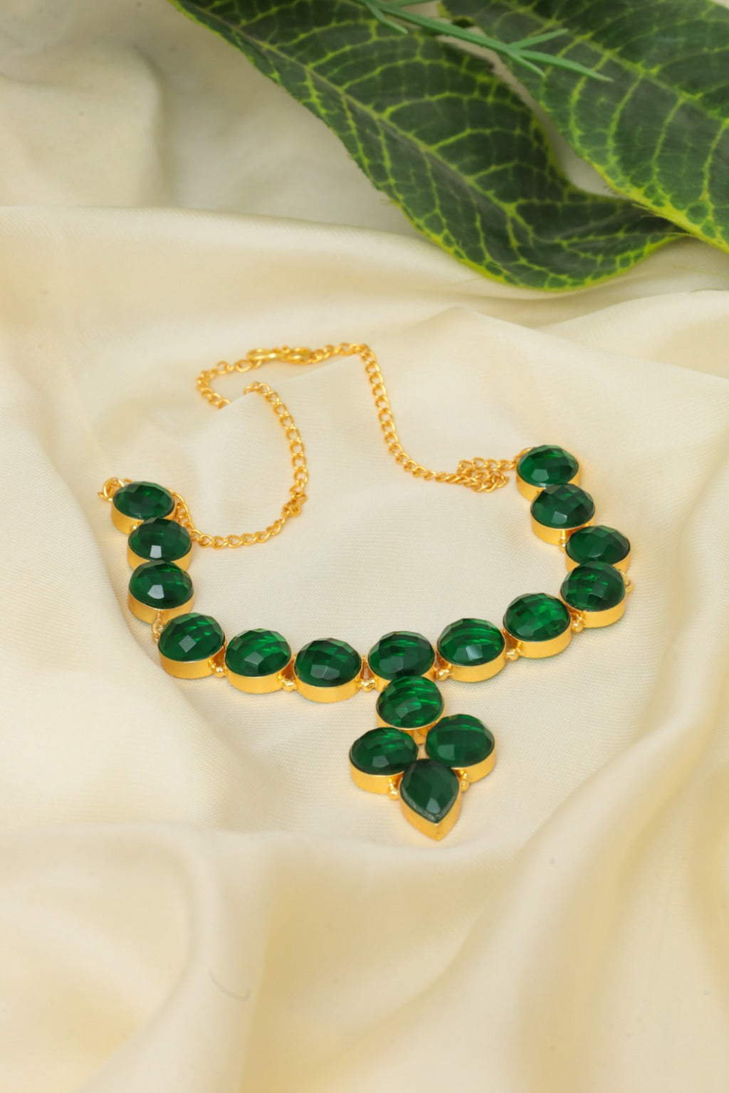 gold plated green oval stone necklace for women