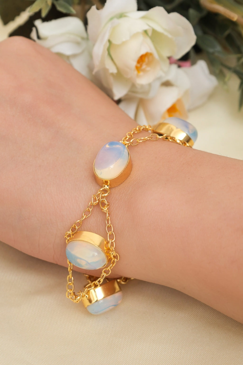 gold plated oval opal and moonstone link bracelet for women