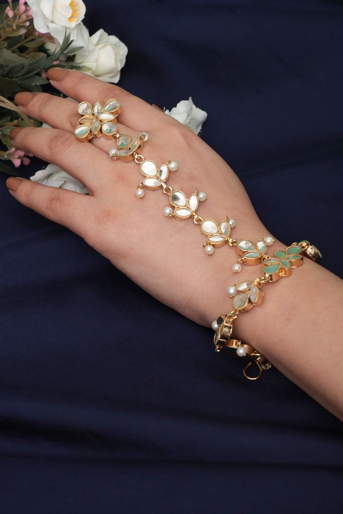 gold tone kundan haath phool hand harness for women