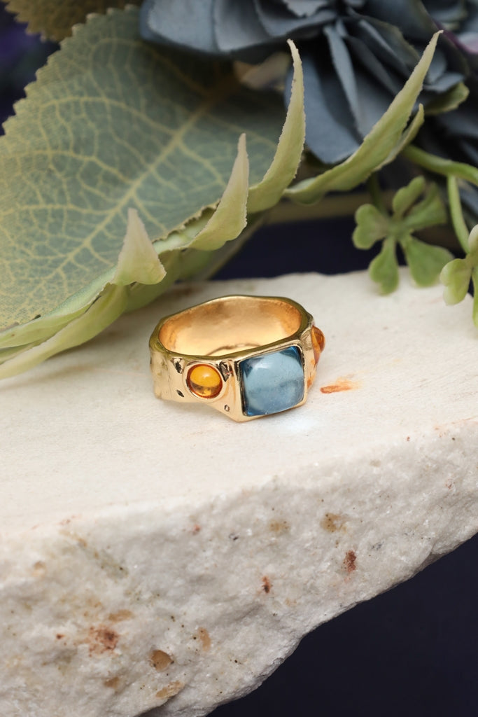 gold tone fashion ring with multi color rhinestones for women