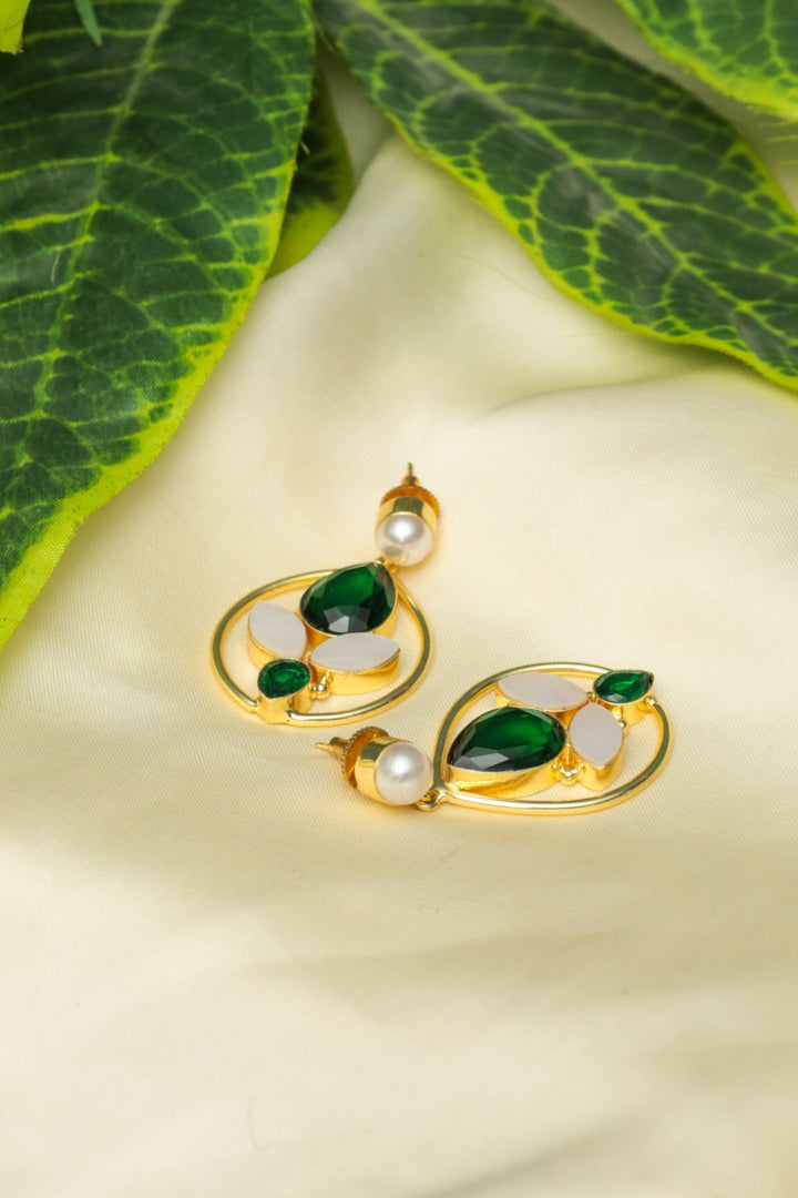 Gold earrings with green and pearl accents