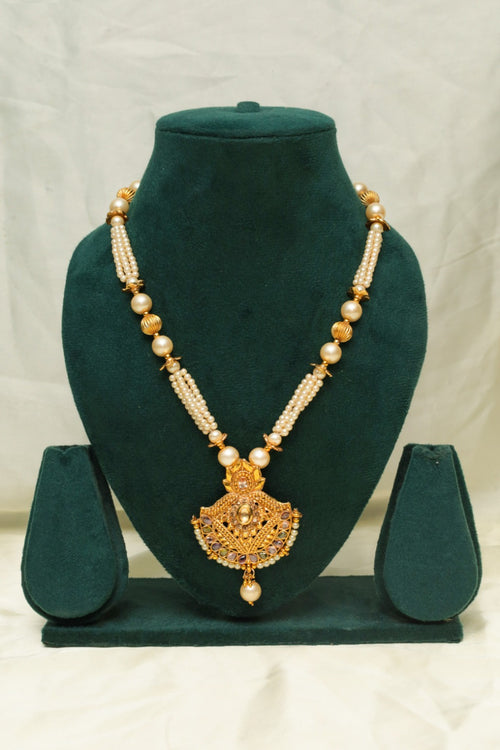 Gold-Plated Temple Pearl Necklace – Traditional Design