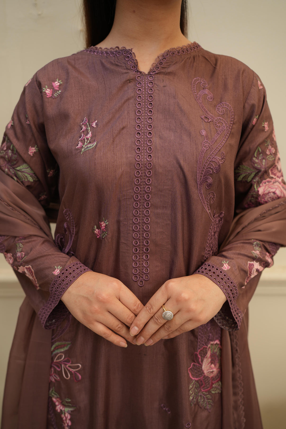 Anjas - Purple Brown Embroidered Raw Silk 3 Piece