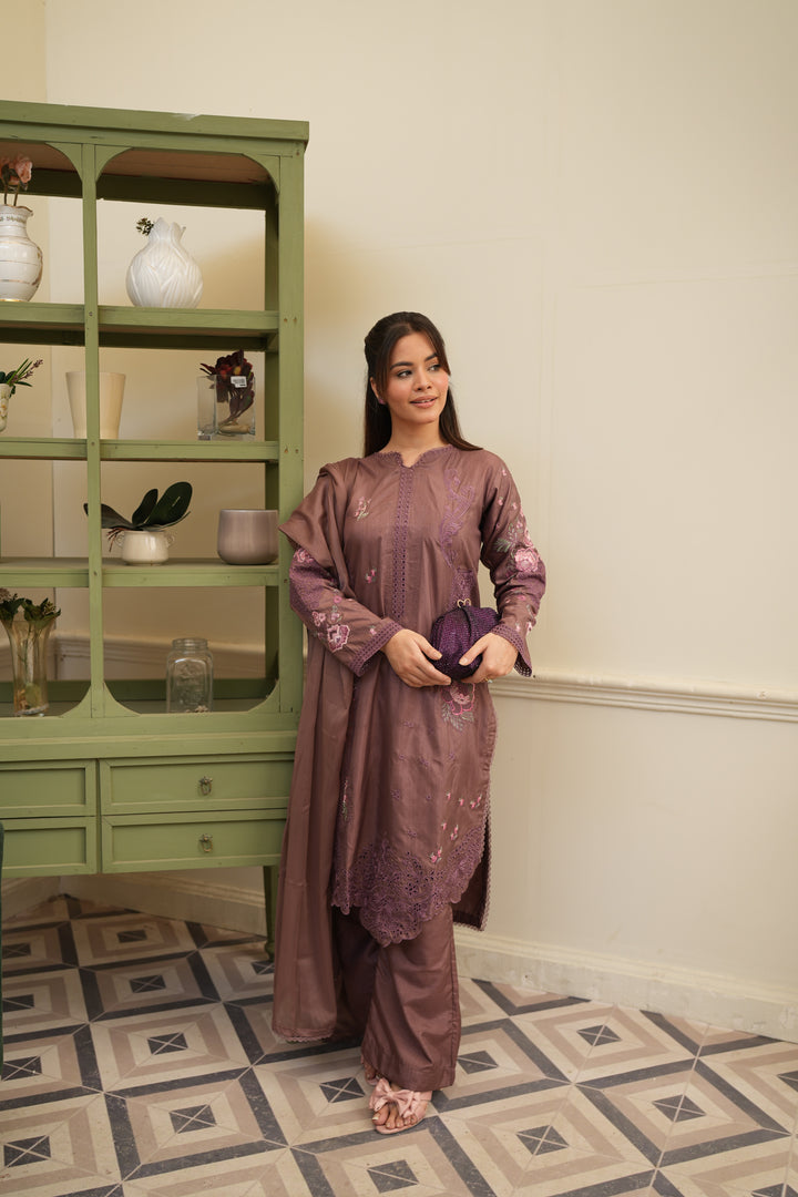 Anjas - Purple Brown Embroidered Raw Silk 3 Piece