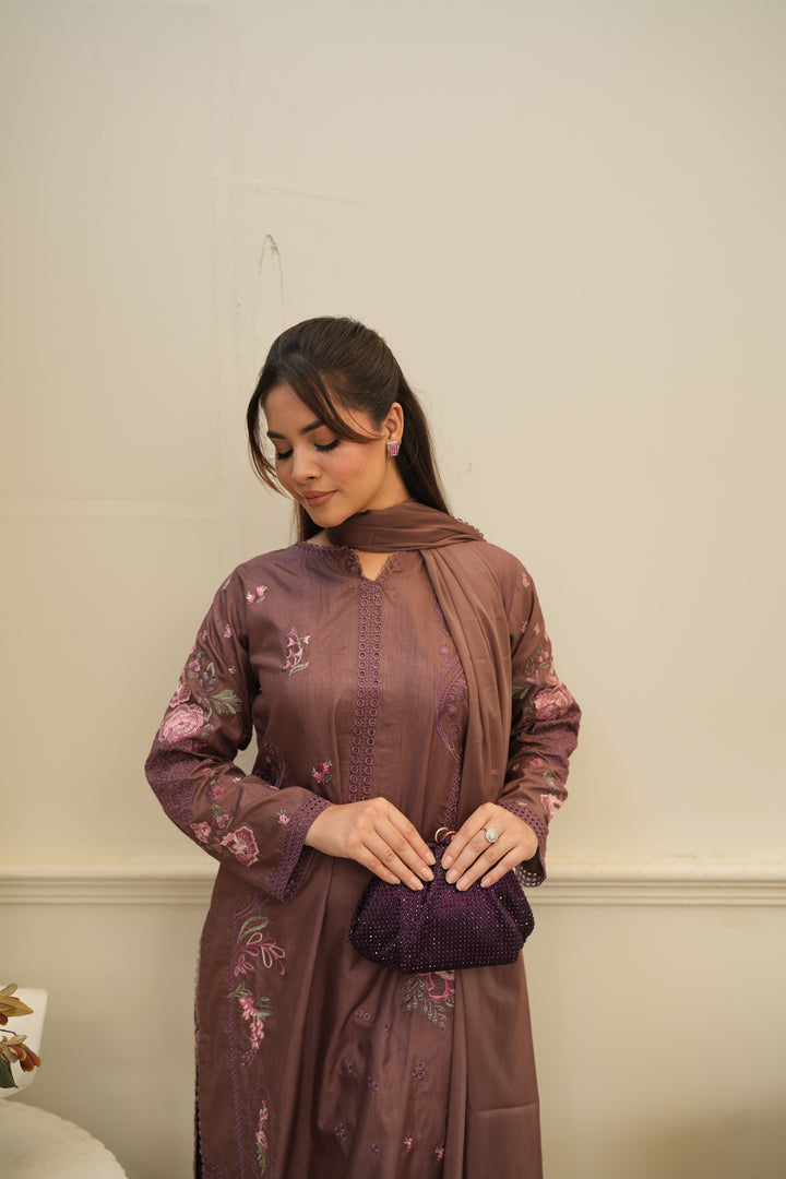 Anjas - Purple Brown Embroidered Raw Silk 3 Piece
