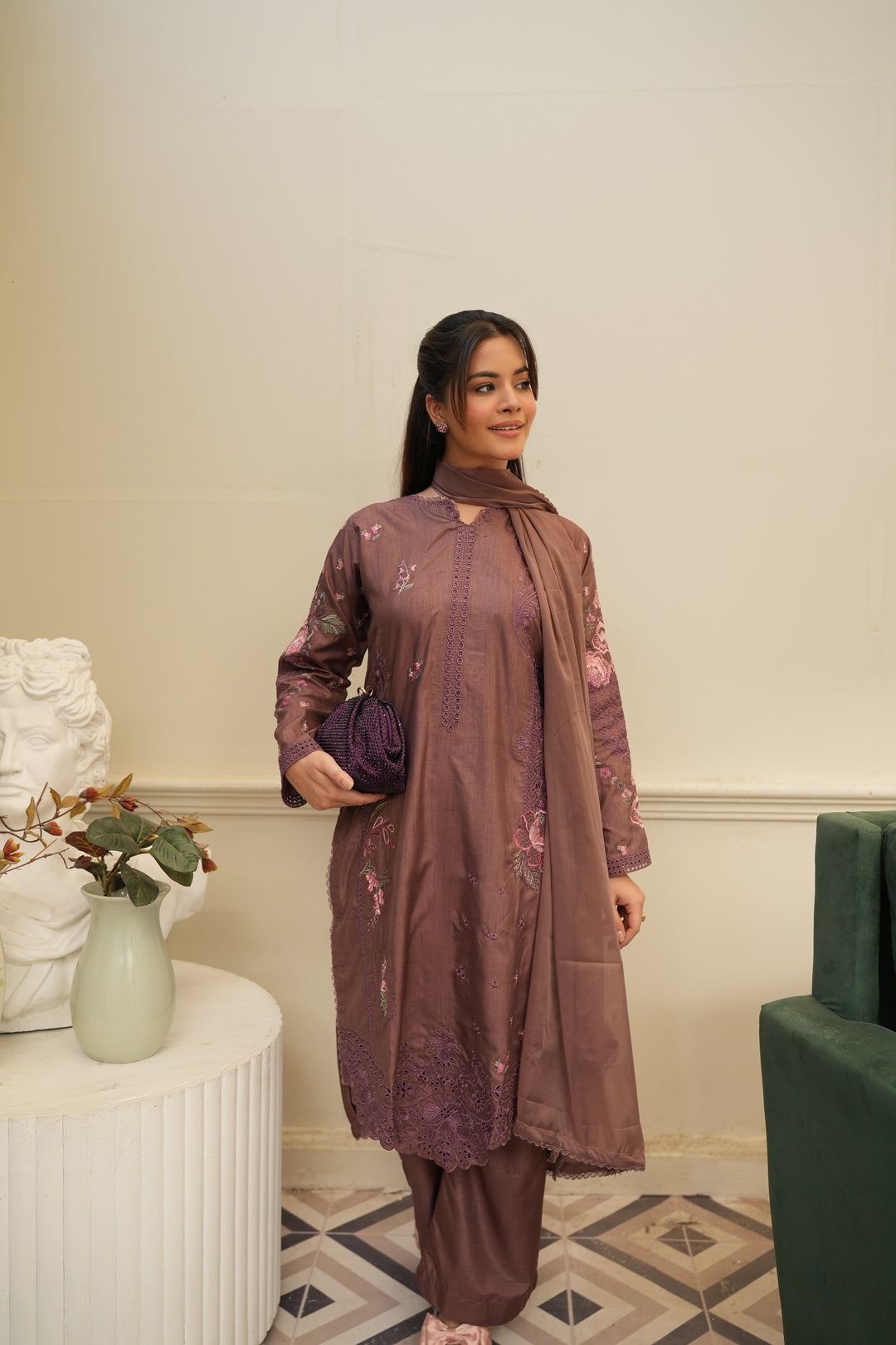 Anjas - Purple Brown Embroidered Raw Silk 3 Piece