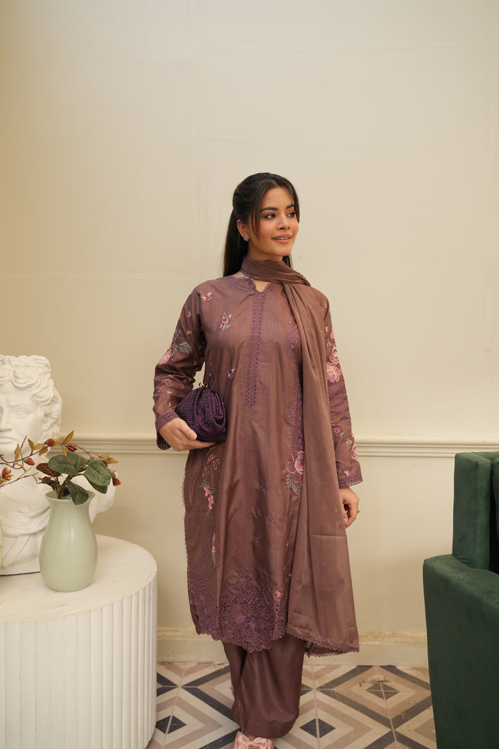 Anjas - Purple Brown Embroidered Raw Silk 3 Piece