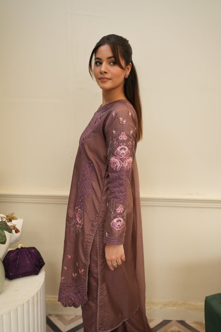 Anjas - Purple Brown Embroidered Raw Silk 3 Piece
