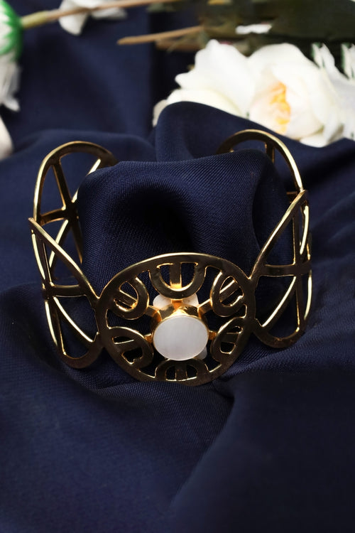 Gold-Tone Open Cuff Bangle with Mother-of-Pearl Stone – Filigree Adjustable Bracelet