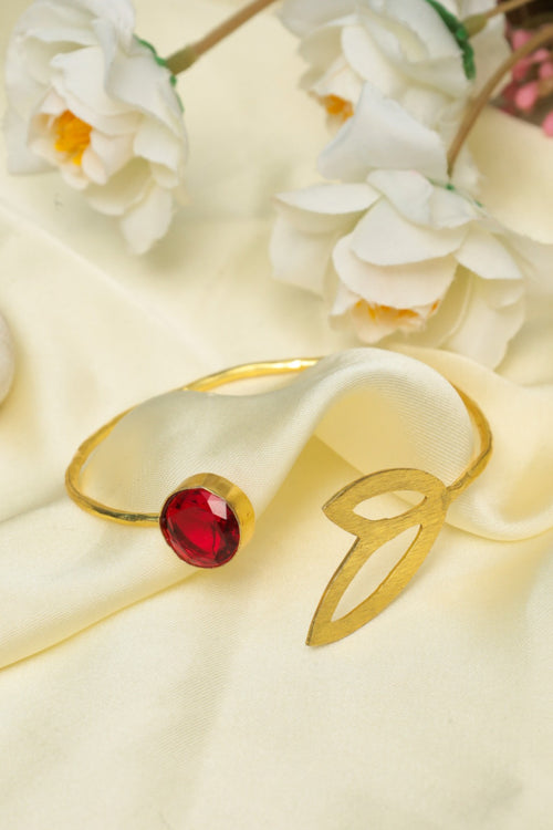 Gold-Plated Ruby Red Quartz Leaf Cuff Bracelet