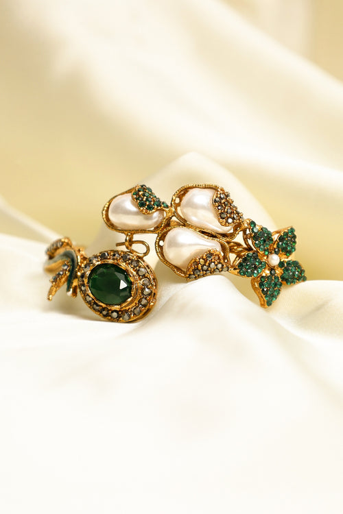 Emerald Royale Bangle Bracelet with Pearls & Stones – Regal Statement Jewelry