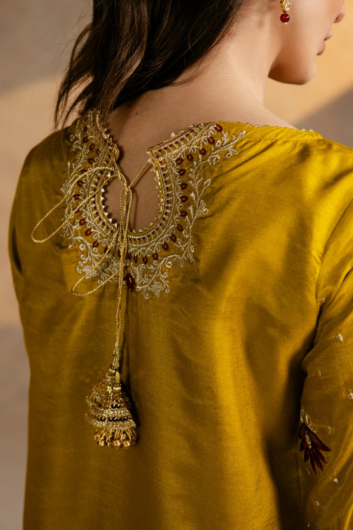 Modern embroidered raw silk pret dress for festive occasions by Zehnaz