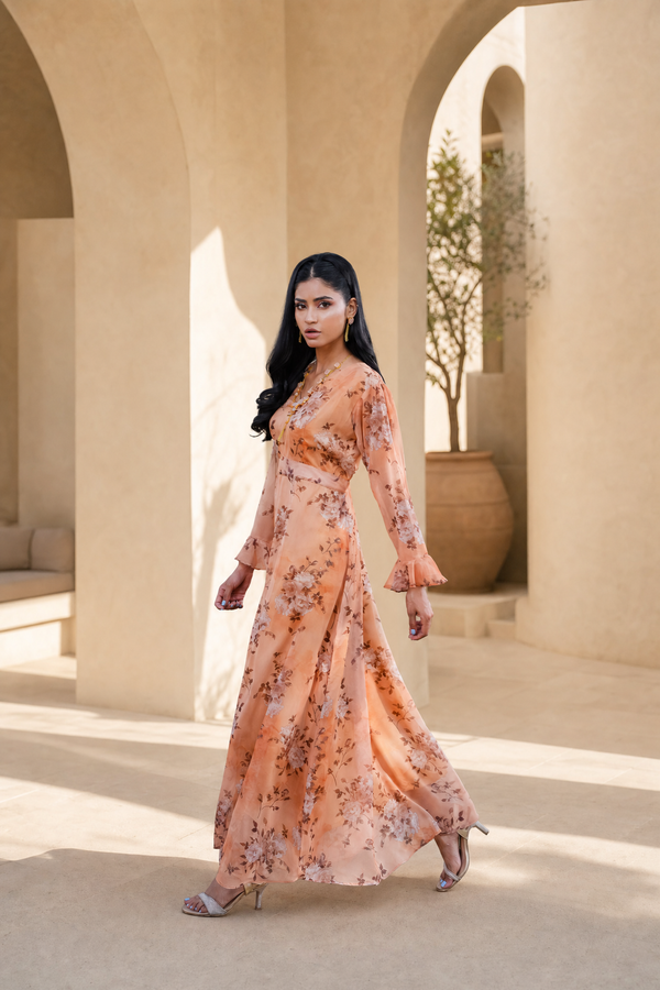 AUREA Maxi – Printed Terracotta Dress with Belt