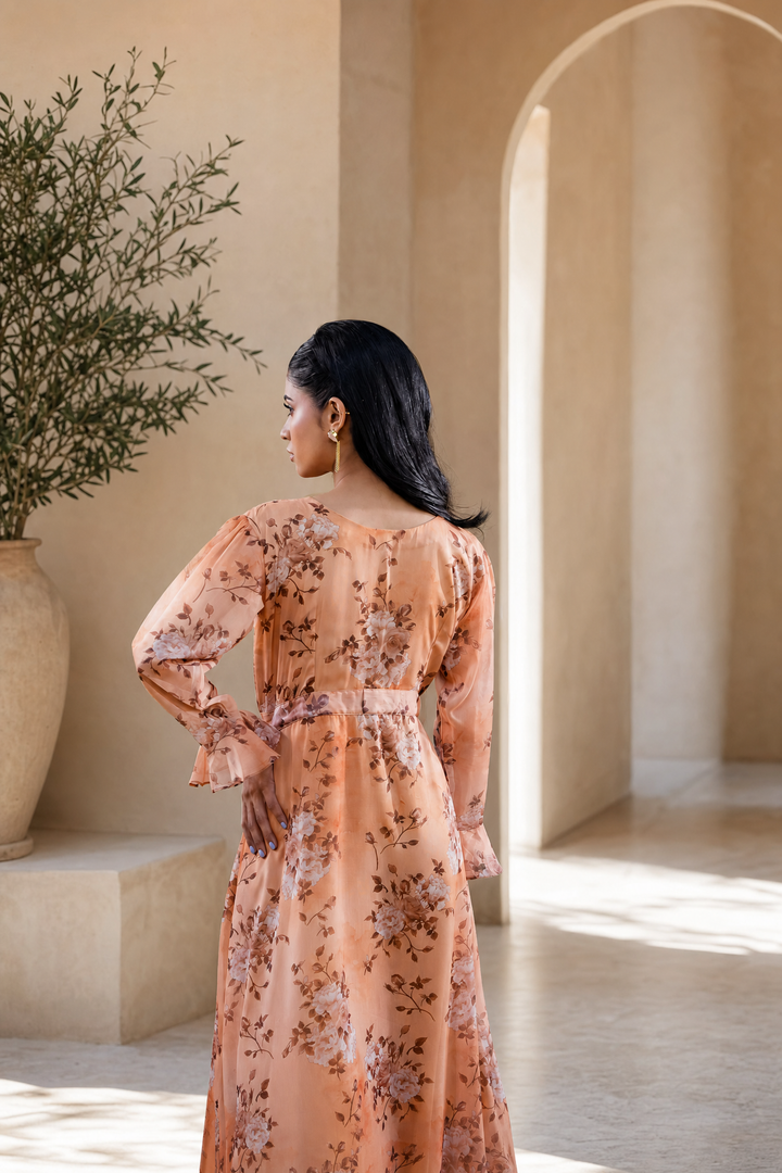 AUREA Maxi – Printed Terracotta Dress with Belt