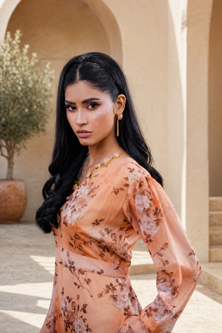 AUREA Maxi – Printed Terracotta Dress with Belt