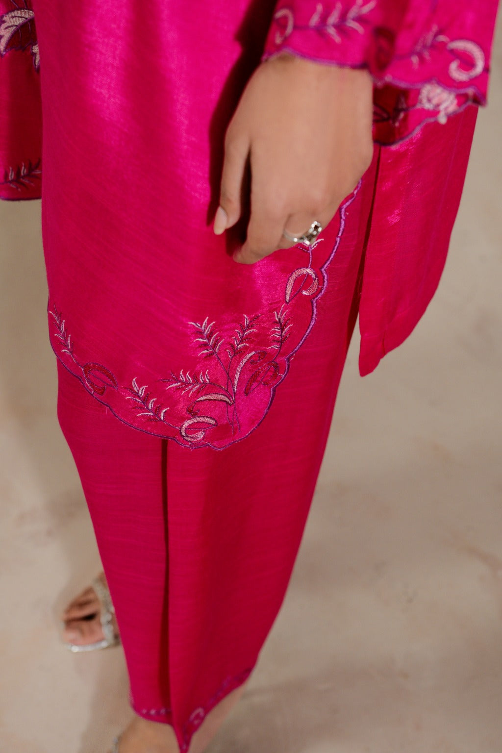 Pastel embroidered raw silk short shirt & shalwar set for women by Zehnaz