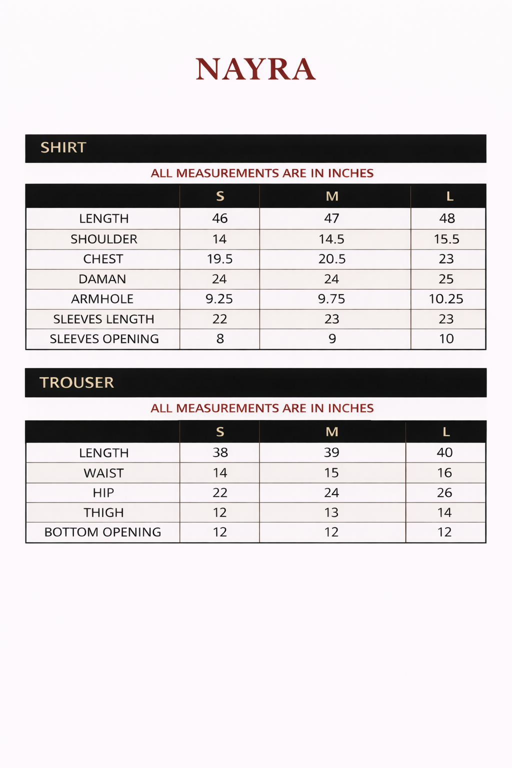 Size chart for Nayra – Embroidered Russian Silk 3 Pc Suit