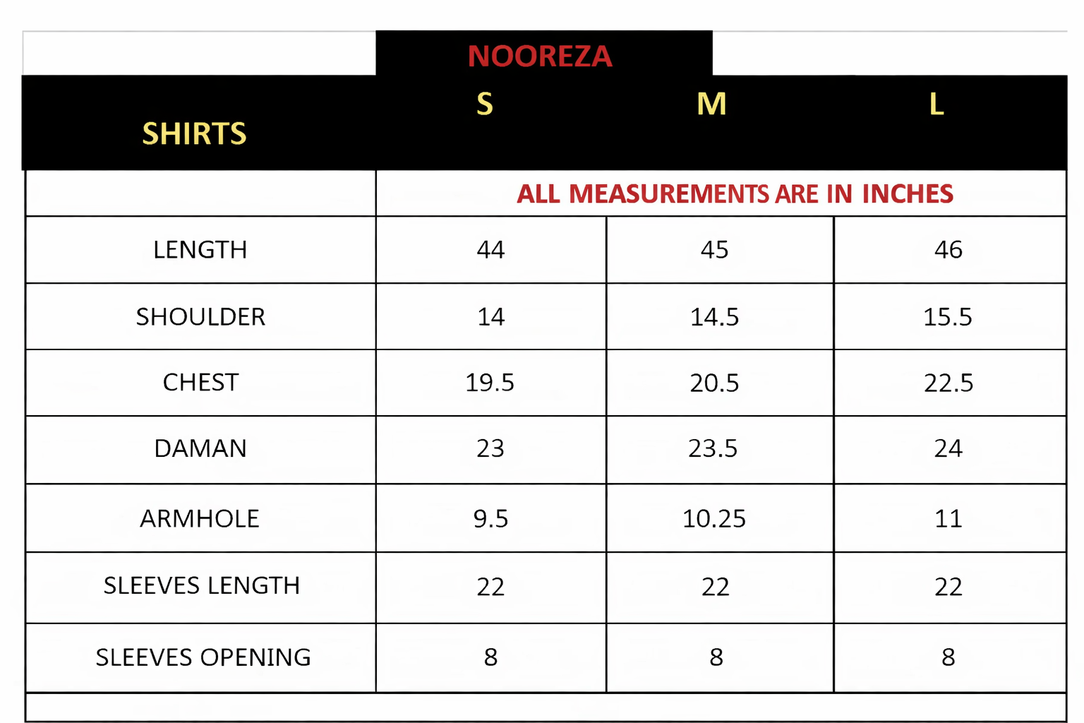 Size chart for NOREEZA – Embroidered Cambric Shirt