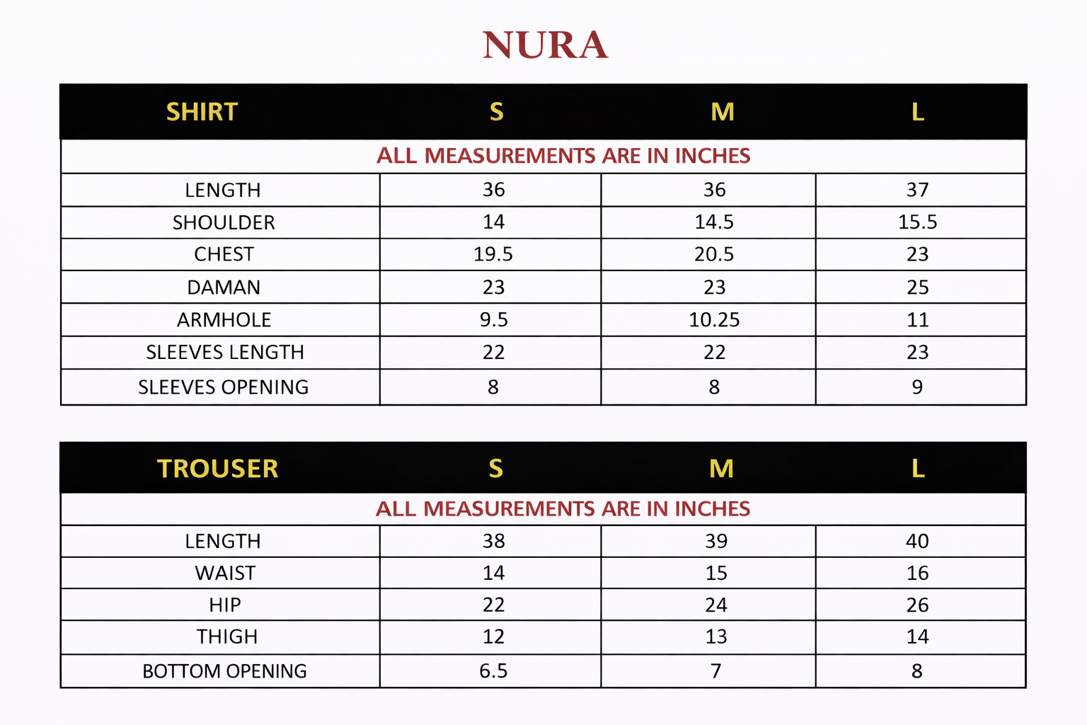 Size chart for NURA – Embroidered Raw Silk Short Shirt & Shalwarr