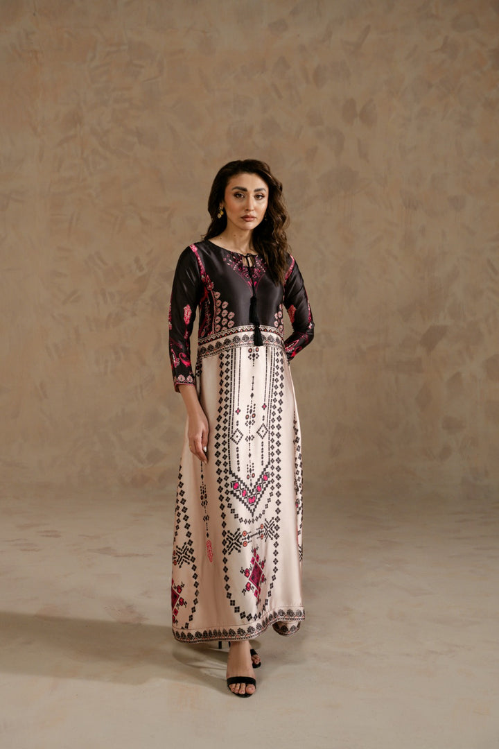 Modern printed Charmeuse maxi dress for casual occasions by Zehnaz