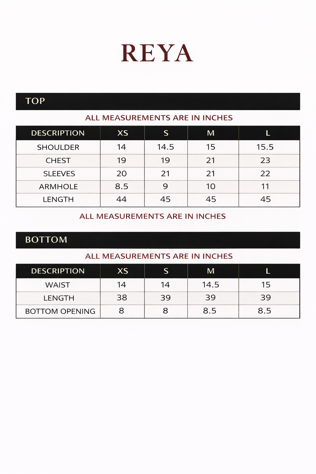 Size chart for Reya – Embroidered Raw Silk Set with Dupatta