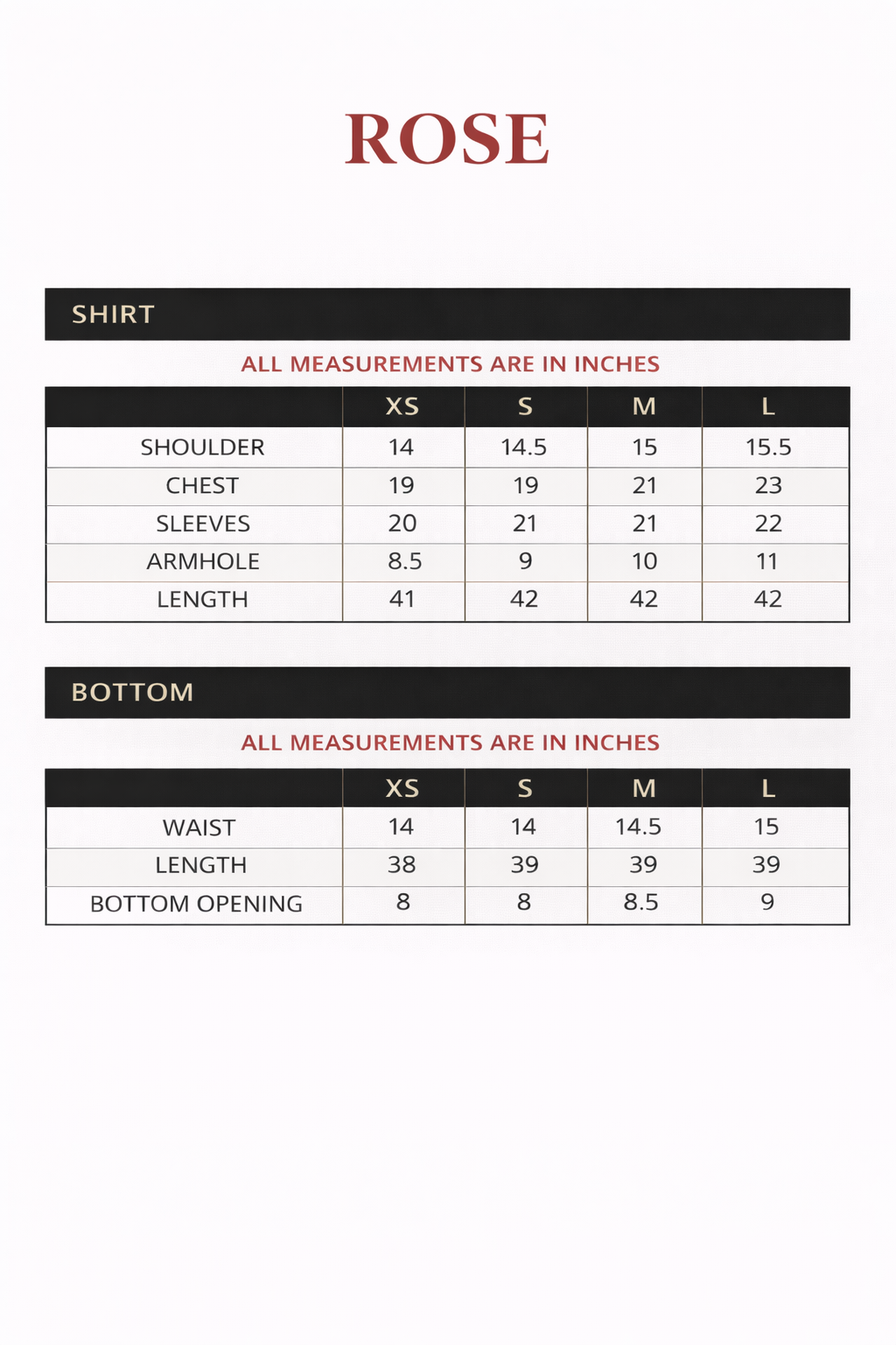 Size chart for Rose – Printed Dobby Co-Ord Set